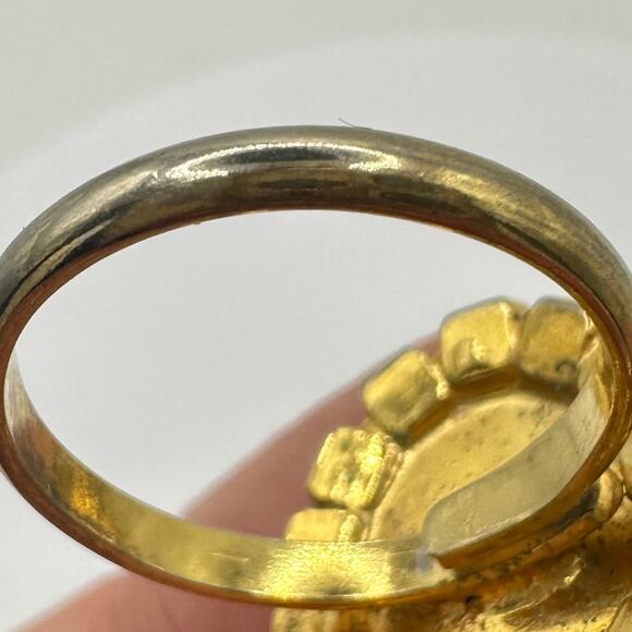 Vintage 1950s gold tone art glass cabochon rhinestones adjustable cocktail ring - Picture 6 of 8